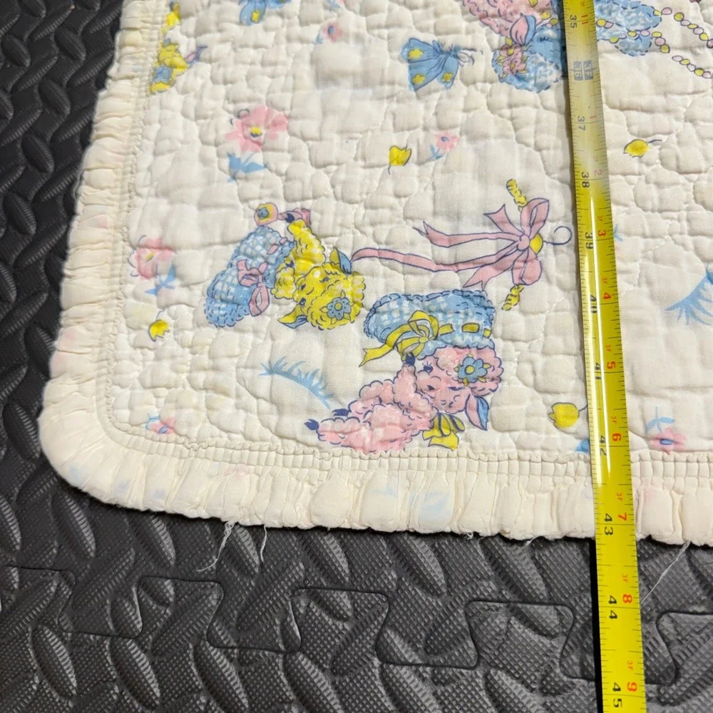 Quiltex Baby Blanket Infant White 1950s Vintage Poodle Print Quilted Ruffle READ